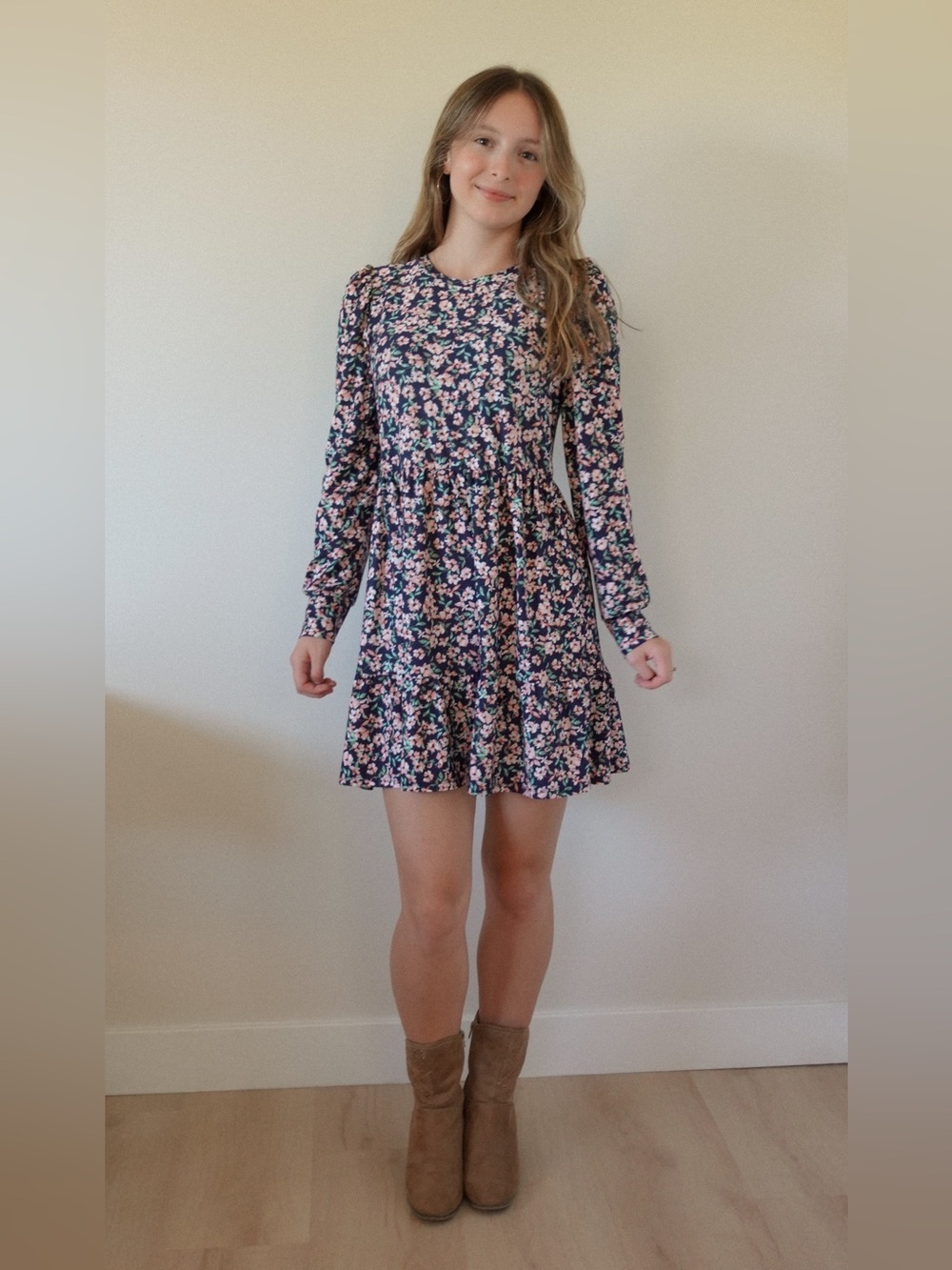 AUW Navy Floral Long-Sleeve Fit & Flare Dress with Pink Blossoms